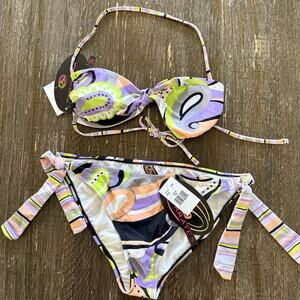 99 Degrees Purple Retro Swirl Bikini Set Juniors Beach Swim Pool